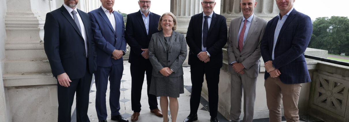 Centre For Democracy and Peace chief executive Eva Grosman with Fellowship Programme partner representatives (from left) Stephen McKeown (Allstate), Gordon Parkes (NIE Networks), David Clements (Fujitsu NI), Darragh McCarthy (FinTrU), Nick Coburn (Ulster Carpets) and Peter Cunningham (Camlin Group) (Kelvin Boyes)