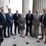 Centre For Democracy and Peace chief executive Eva Grosman with Fellowship Programme partner representatives (from left) Stephen McKeown (Allstate), Gordon Parkes (NIE Networks), David Clements (Fujitsu NI), Darragh McCarthy (FinTrU), Nick Coburn (Ulster Carpets) and Peter Cunningham (Camlin Group) (Kelvin Boyes)