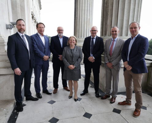 Centre For Democracy and Peace chief executive Eva Grosman with Fellowship Programme partner representatives (from left) Stephen McKeown (Allstate), Gordon Parkes (NIE Networks), David Clements (Fujitsu NI), Darragh McCarthy (FinTrU), Nick Coburn (Ulster Carpets) and Peter Cunningham (Camlin Group) (Kelvin Boyes)