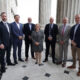 Centre For Democracy and Peace chief executive Eva Grosman with Fellowship Programme partner representatives (from left) Stephen McKeown (Allstate), Gordon Parkes (NIE Networks), David Clements (Fujitsu NI), Darragh McCarthy (FinTrU), Nick Coburn (Ulster Carpets) and Peter Cunningham (Camlin Group) (Kelvin Boyes)