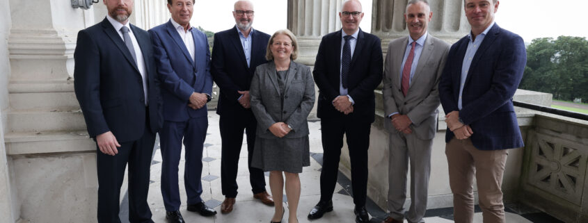 Centre For Democracy and Peace chief executive Eva Grosman with Fellowship Programme partner representatives (from left) Stephen McKeown (Allstate), Gordon Parkes (NIE Networks), David Clements (Fujitsu NI), Darragh McCarthy (FinTrU), Nick Coburn (Ulster Carpets) and Peter Cunningham (Camlin Group) (Kelvin Boyes)