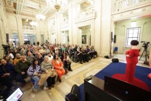 TEDxStormont speaker in the Great Hall, Stormont. 